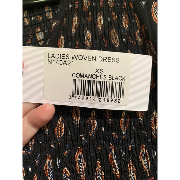 Molly Bracken Boho Tiered Maxi Smocked Black Feather Print Peasant Dress XS NWT - Picture 5 of 9